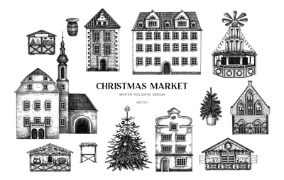 Vintage Christmas background. Architecture sketch. European fair banner. Christmas market hand-drawn vector illustration.NOT AI generated
